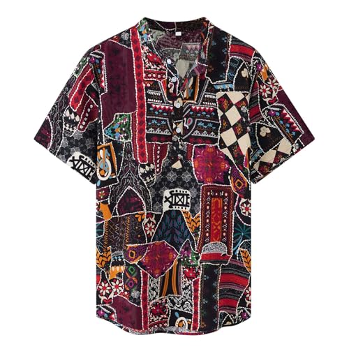 Loveternal Herren Baumwolle Leinenhemd Kurzarm Sommer Vintage Ethnic Druck Herren Hemd Halber Knopf Henley-Shirt Trachtenhemd Freizeithemd Shirts Hawaii Hemd Männer L von Loveternal