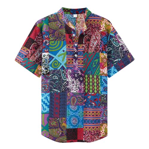 Loveternal Herren Funky Hawaiihemd Kurzarm Leinenhemd Urlaub Sommer Ethnic Geometric Bedruckter Strand Beilaufig Hawaii Hemd Trachtenhemd Casual Tops XXL von Loveternal