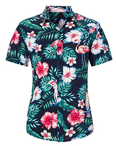 Loveternal Herren Funky Hawaiihemd Unisex Kurzarm Vordertasche Urlaub Sommer Aloha Flamingo Blumen Bedruckter Strand Beilaufig Hawaii Hemd XL von Loveternal