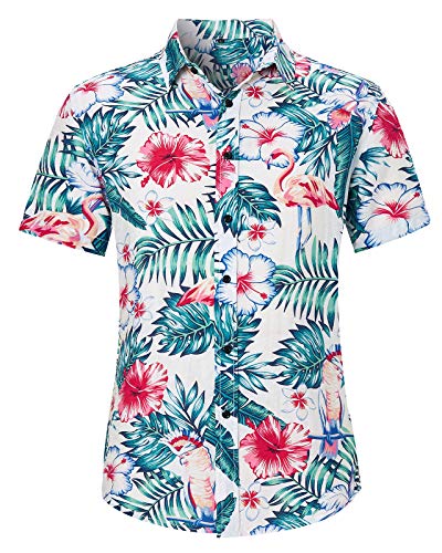 Loveternal Herren Funky Hawaiihemd Unisex Kurzarm Vordertasche Urlaub Sommer Aloha Flamingo Blumen Bedruckter Strand Beilaufig Hawaii Hemd XL von Loveternal