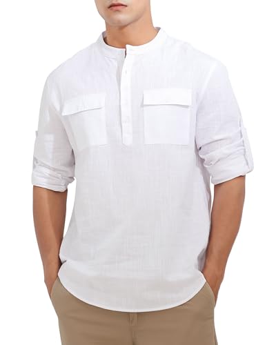 Loveternal Herren Leinenhemd Baumwolle Herrenhemden Kurzarm Henley Hemden für Männer Slim Fit Stehkragen Sommerhemd mit Tasche Freizeithemd Shirts Business Anzug Hemd Weiß XXL von Loveternal