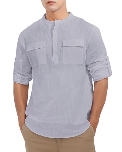 Loveternal Herren Leinenhemd Baumwolle Herrenhemden Langarm Henley Hemden für Männer Regular Fit Stehkragen Sommerhemd mit Tasche Freizeithemd Shirts Business Anzug Hemd Hellgrau M von Loveternal