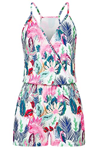 Loveternal Jumpsuit Damen Elegant V Ausschnitt Overall Blatt Flamingo Ärmellos Schulterfrei Playsuit Sommer mit Taschen，S von Loveternal