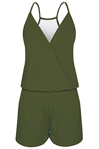 Loveternal Jumpsuit Damen Sommer Elegant V Ausschnitt Ärmellos Schulterfrei Kurz Overall Grün Playsuit Spaghettiträger Vintage Strand Romper mit Taschen, L von Loveternal