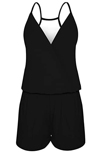 Loveternal Jumpsuit Damen Sommer Elegant V Ausschnitt Ärmellos Schulterfrei Kurz Overall Schwarz Playsuit Spaghettiträger Vintage Strand Romper mit Taschen, L von Loveternal