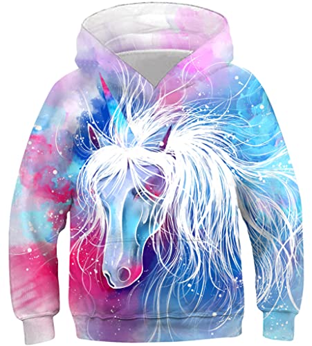 Loveternal Kinder Hoodie 3D Druck Kapuzenpullover Langarm Farbiges Pferd Sweatshirt für Jungen Mädchen mit Taschen Weiß 13-16 Jahre Pullover 3XL von Loveternal