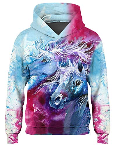 Loveternal Kinder Hoodie 3D Druck Kapuzenpullover Langarm Farbiges Pferd Sweatshirt für Jungen Mädchen mit Taschen Weiß 13-16 Jahre Pullover 3XL von Loveternal