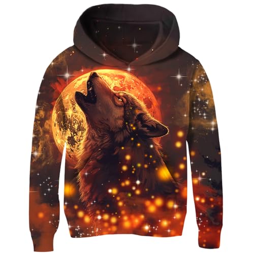 Loveternal Kinder Jungen Mädchen Kapuzenpullover 3D Print Gelb Wolf Pullover Hoodies Sweatshirt mit Kängurutasche, 13-16 Jahre,3XL von Loveternal