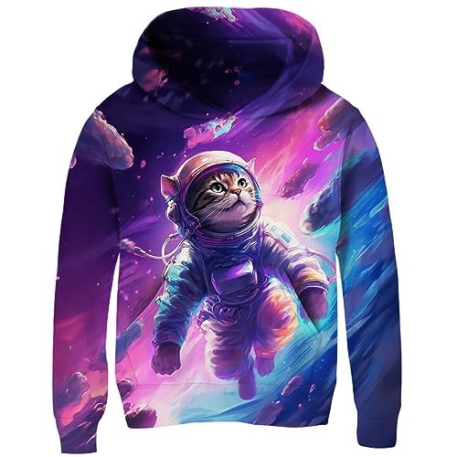 Loveternal Kinder Jungen Mädchen Kapuzenpullover 3D Print Lila Katze Pullover Hoodies Sweatshirt mit Kängurutasche, 13-16 Jahre,3XL von Loveternal