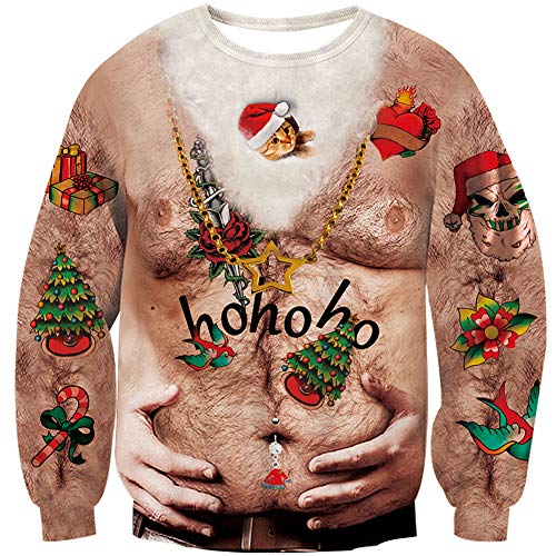 Loveternal Ugly Christmas Sweater Herren Weihnachtspullover Damen 3D Druck Hässliche Xmas Pullover Langarm Hairy Chest Jumper XXL von Loveternal