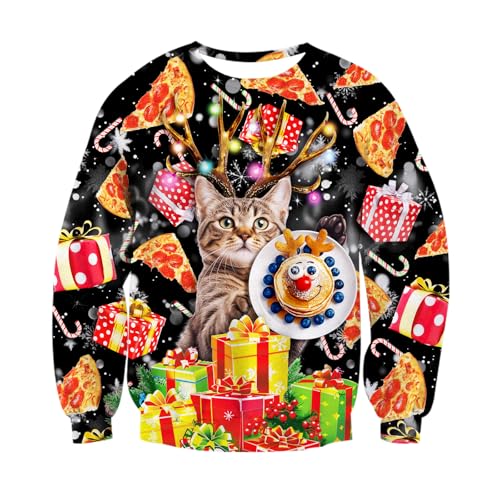 Loveternal Ugly Christmas Sweater Herren Weihnachtspullover Damen 3D Druck Hässliche Xmas Pullover Langarm Pizza Katze Jumper XXL von Loveternal