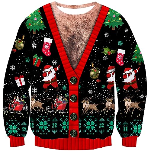 Loveternal Ugly Weihnachtspullover Herren 3D Druck Hässliche Christmas Brustbehaarung Sweater Langarm Xmas Schneeflocke Pullover Jumper XL von Loveternal