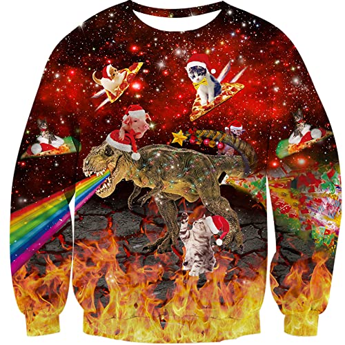Loveternal Ugly Weihnachtspullover Herren 3D Druck Hässliche Christmas Cat Sweater Langarm Xmas Pizza Katze Pullover Jumper XL von Loveternal