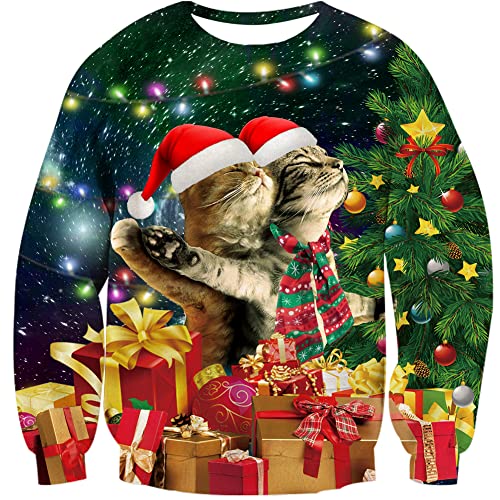 Loveternal Ugly Weihnachtspullover Herren 3D Druck Hässliche Christmas Sweater Langarm Xmas Geschenk Pullover Katze Jumper XL von Loveternal