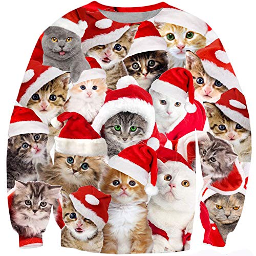 Loveternal Ugly Weihnachtspullover Herren 3D Druck Hässliche Christmas Sweater Langarm Xmas Pullover Katze Jumper XL von Loveternal
