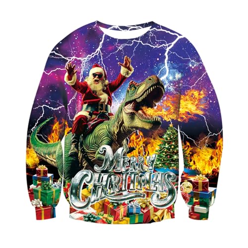 Loveternal Ugly Weihnachtspullover Herren 3D Druck Hässliche Christmas Sweater Langarm Xmas Weihnachtsmann Dinosaurier Pullover Jumper XL von Loveternal