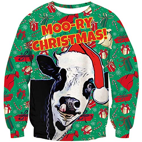 Loveternal Ugly Xmas Sweater Damen 3D Druck Cow Hässliche Weihnachtspullover Langarm Christmas Pullover Kuh Jumper XXL von Loveternal