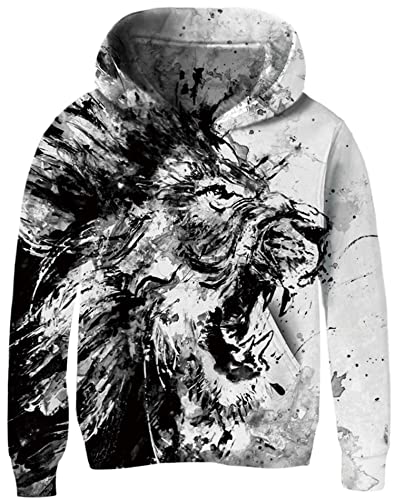 Loveternal Unisex Kinder Hoodie 3D Lustig Schwarz Weiß Löwe Gedruckt Kapuzenpullover Langarm Pullover Hoodies Sweatshirt für Jungen Mädchen mit Tasche Alter 6-8 Jahre, L von Loveternal