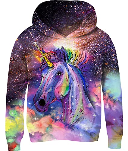 Loveternal Unisex Kinder Hoodie 3D Lustig Sterne Einhorn Gedruckt Kapuzenpullover Langarm Pullover Hoodies Sweatshirt für Jungen Mädchen mit Tasche Alter 6-8 Jahre, L von Loveternal