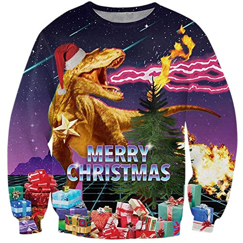 Loveternal Weihnachtspullover Dino Ugly Unisex Christmas Sweater Hässliche 3D Druck Pullover Dino Weihnachten Langarm Xmas Dinosaurier Pullover Dinosaur Jumper M von Loveternal