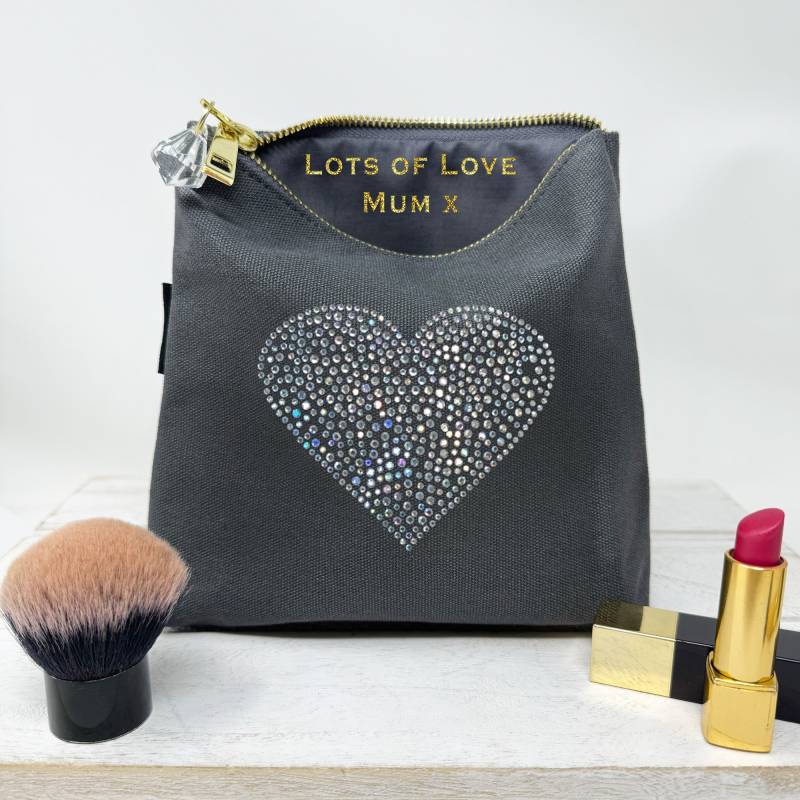 Herz Strass Grau Canvas Schminktasche Kristall-Reißverschluss Herz Strass Grau Canvas Schminktasche Kristall-Reißverschluss von Lovethelinks