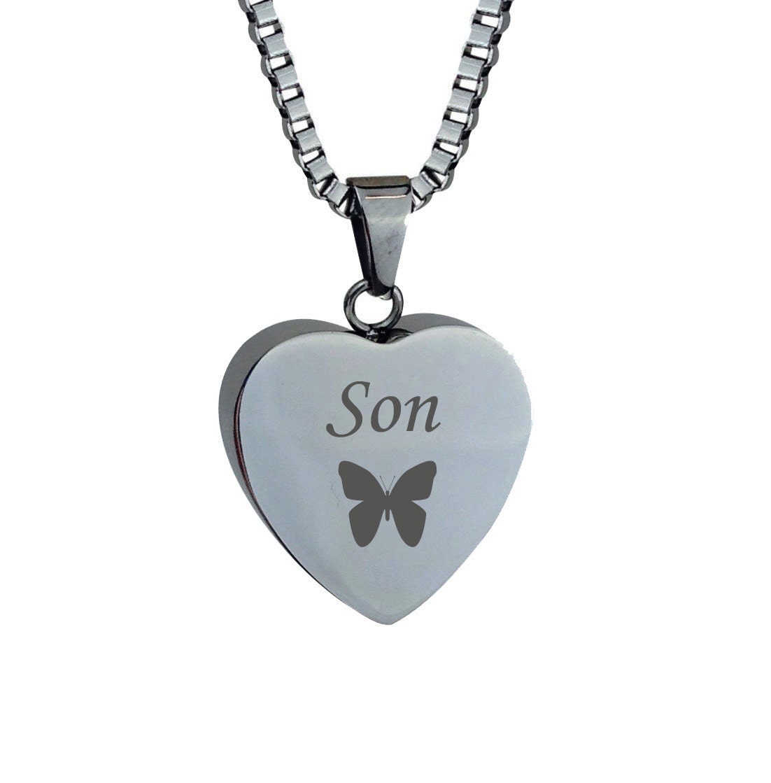 Sohn Schmetterling Herz Urne Anhänger - Erinnerung Asche Einäscherung Andenken Personalisierte Graviert Sohn Schmetterling Herz Urne Anhänger - Erinnerung Asche Einäscherung Andenken Personalisierte Graviert von LovetoTreasure