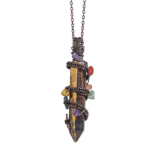 Lovionus89 7 Chakra Stein Handmade Draht Wrapped Reiki Kristall Punkt Anhänger Charm Halskette für Frauen Männer, Antik überzogener und Tigerauge von Lovionus89