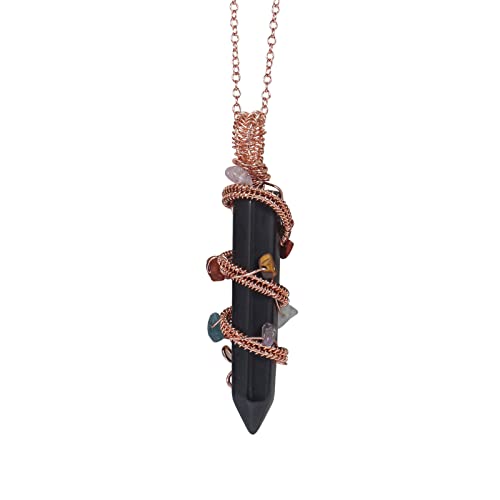 Lovionus89 7 Chakra Stein Handmade Draht Wrapped Reiki Kristall Punkt Anhänger Charm Halskette für Frauen Männer, Rose vergoldet und schwarzer Obsidian von Lovionus89