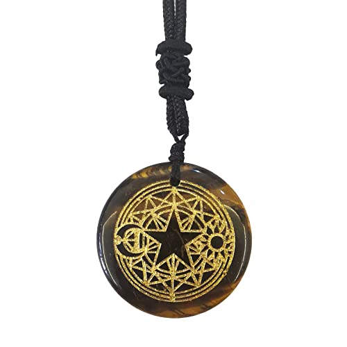 Lovionus89 Fate Astrolabe Magic Circle Chakra Crystal Gravierte runde Stein-Amulett-Anhänger-Halskette verstellbar 60–65 cm, Tigerauge von Lovionus89