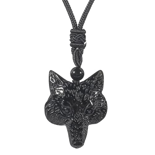 Lovionus89 Natürlicher Fuchs Schwarzer Obsidian Amulett Schutzanhänger, verstellbares Seilhalsband, Charme-Geschenk für Männer und Frauen von Lovionus89