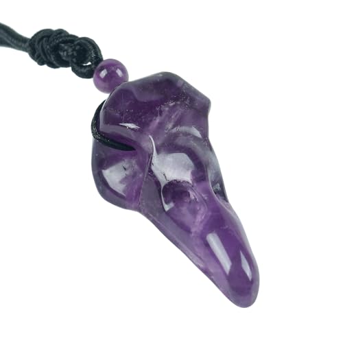 Lovionus89 Natürlicher Kristallstein Rabenschädel Anhänger Halskette Handgeschnitzter Krähenschädel Charme mit verstellbarem Band, Amethyst von Lovionus89
