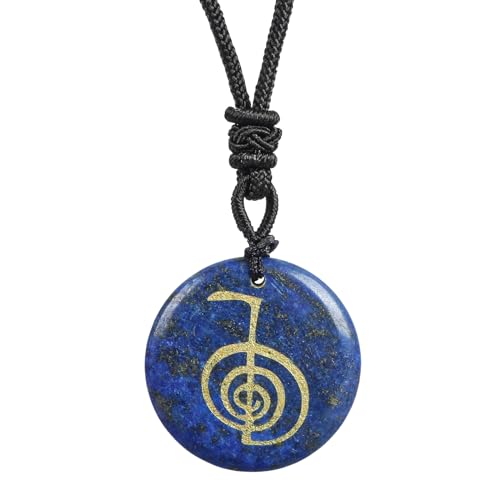 Lovionus89 Runde Stein-Glücksmünzen-Spirale Reiki-Symbol Kristallstein-Anhänger-Halskette für Männer und Frauen verstellbar 60-65 cm, Lapislazuli von Lovionus89