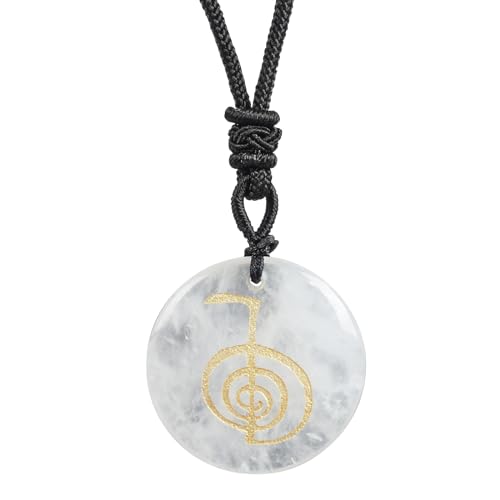 Lovionus89 Runde Stein-Glücksmünzen-Spirale Reiki-Symbol Kristallstein-Anhänger-Halskette für Männer und Frauen verstellbar 60-65 cm, Weißer Quarz von Lovionus89