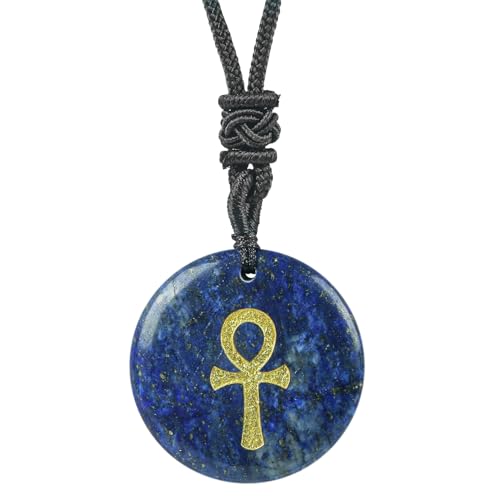 Lovionus89 Verstellbares ägyptisches Ankh-Kreuz, graviert, runder Stein, Glücksmünze, Amulett, Anhänger, Halskette für Damen und Herren, Lapislazuli von Lovionus89