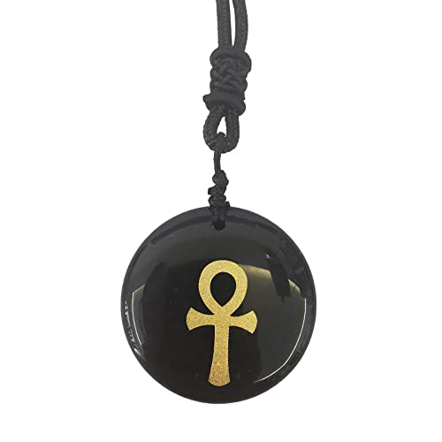 Lovionus89 Verstellbares ägyptisches Ankh-Kreuz, graviert, runder Stein, Glücksmünze, Amulett, Anhänger, Halskette für Damen und Herren, Schwarzer Obsidian von Lovionus89