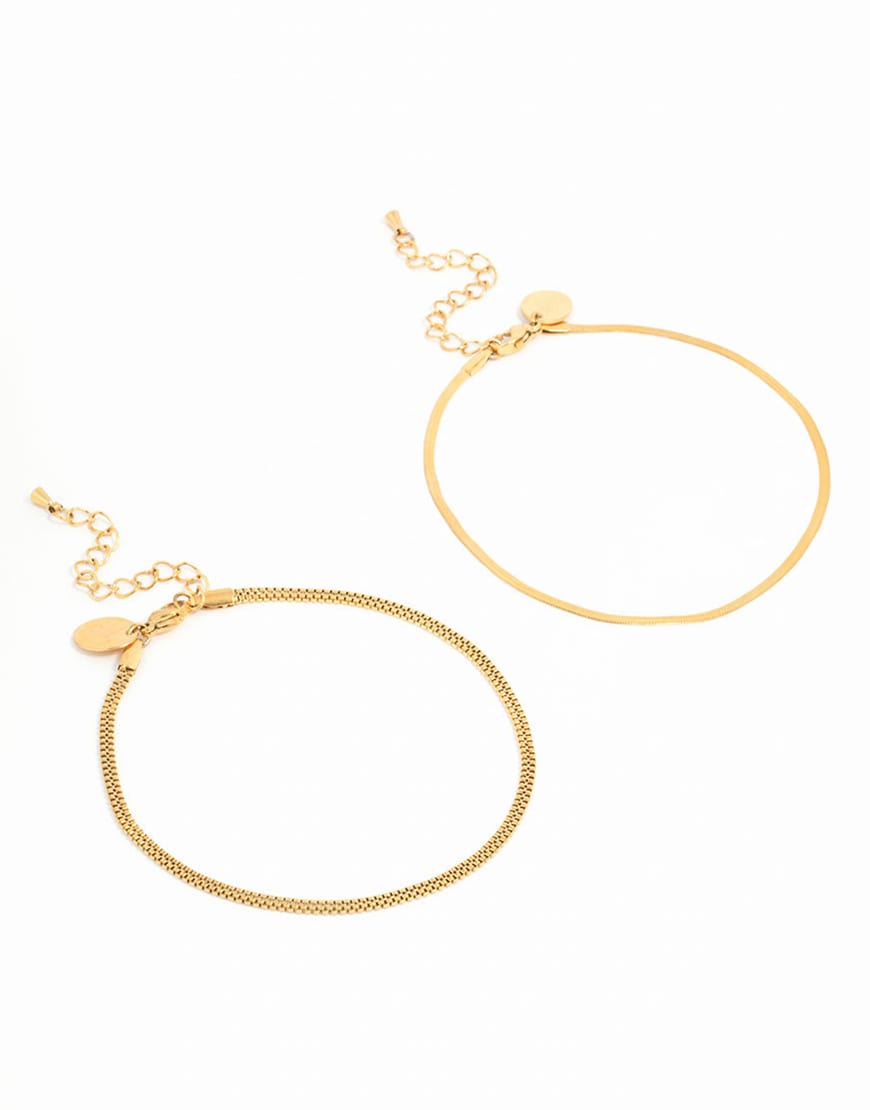 Lovisa - 2er-Pack vergoldete Fußkettchen aus wasserfestem Edelstahl mit verschiedenen Schlangenketten-Designs in Goldoptik-Goldfarben von Lovisa