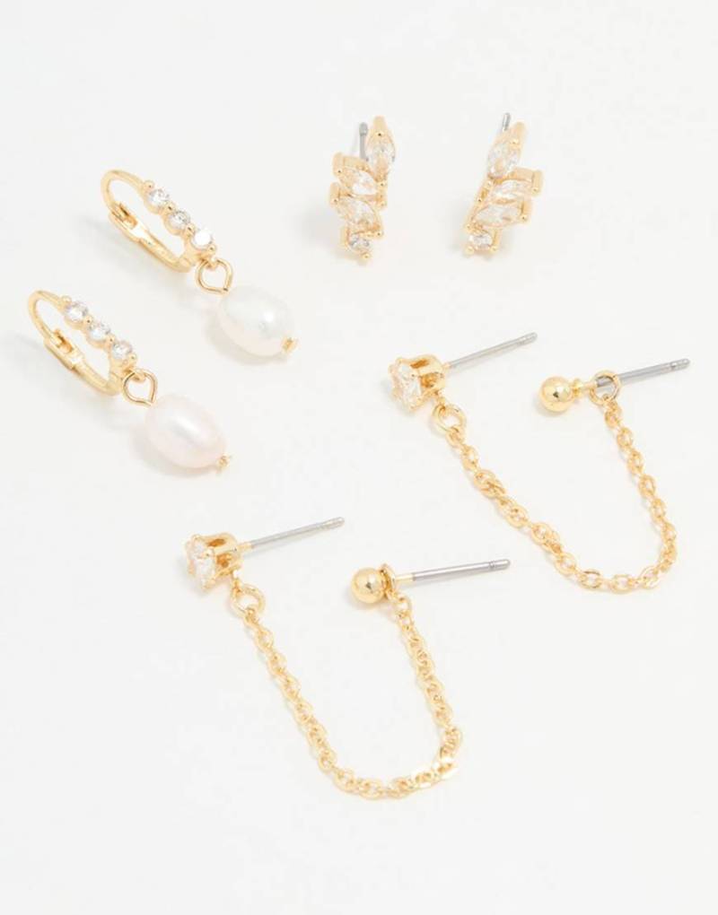 Lovisa - 3er-Pack vergoldete Ohrringe in Goldoptik mit Süßwasserperlen und Zirkonia im Marquise-Schliff-Goldfarben von Lovisa