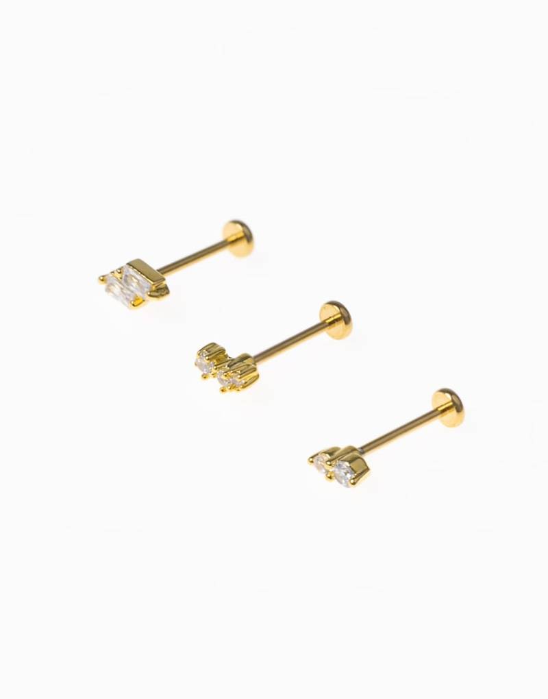 Lovisa - 3er-Pack vergoldete Ohrstecker aus Chirurgenstahl mit flachem Ende und doppeltem Baguette-Schliff-Goldfarben von Lovisa