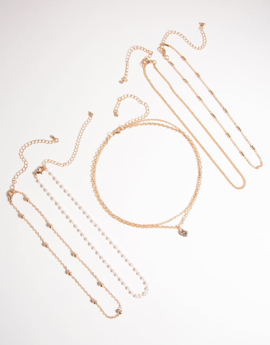 Lovisa - 6er-Pack Choker-Ketten in Goldoptik mit Strass- und Perlendetails-Goldfarben von Lovisa