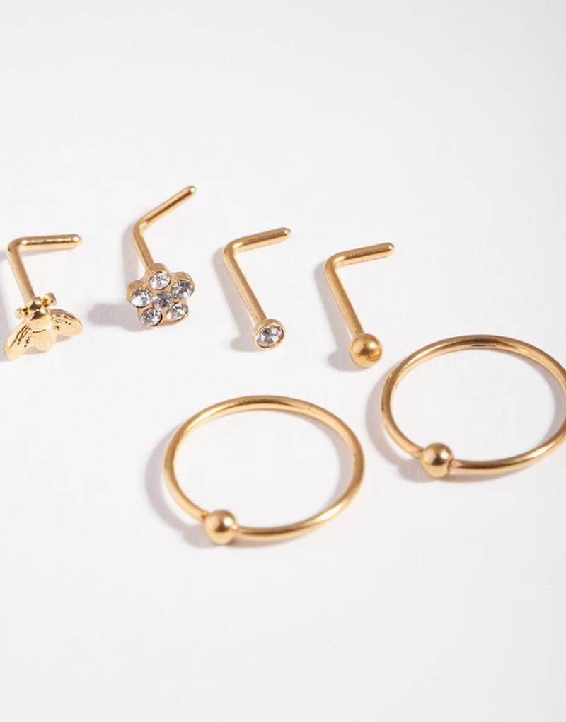 Lovisa - 6er-Pack Nasenpiercings aus Chirurgenstahl in Gold mit Blumen- und Bienendesign-Goldfarben von Lovisa