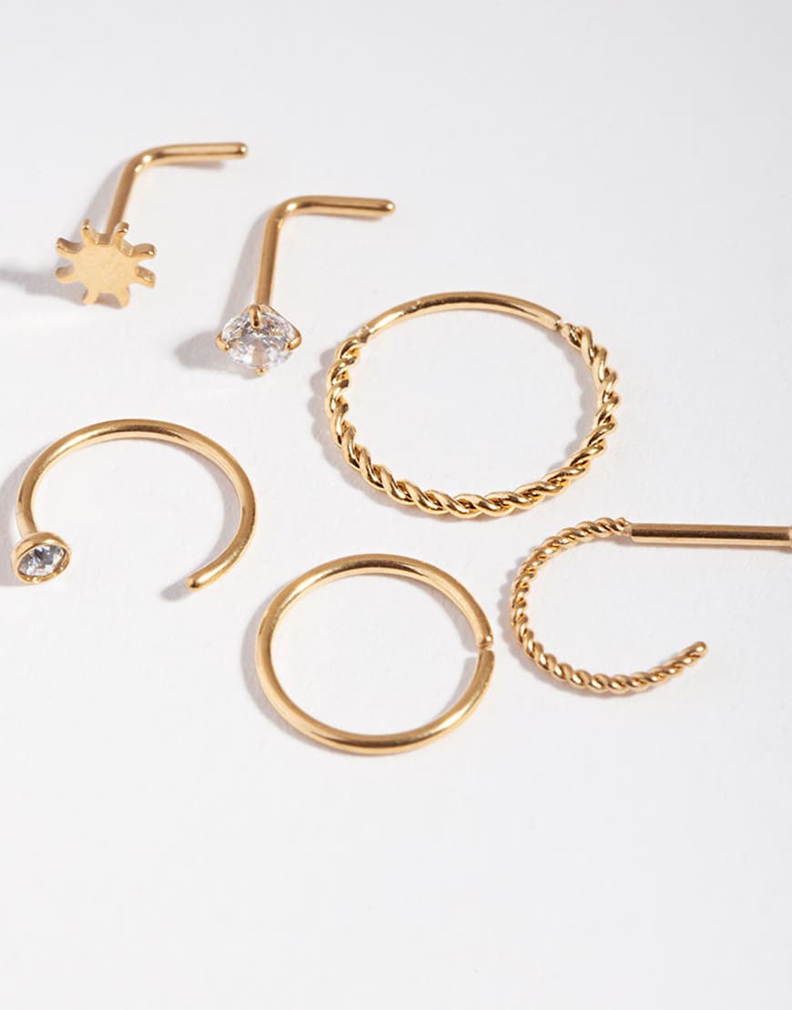 Lovisa - 6er-Pack Nasenpiercings aus Chirurgenstahl in Goldoptik mit Strasssteinen sowie Sonnen- und Twist-Design-Goldfarben von Lovisa