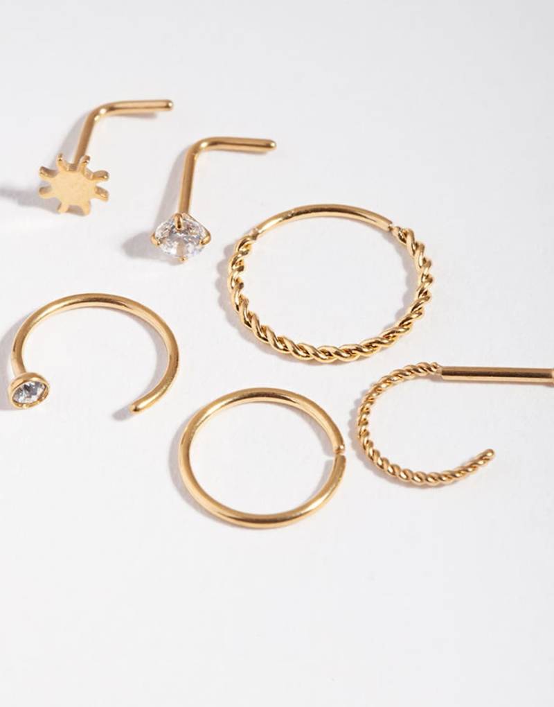 Lovisa - 6er-Pack Nasenpiercings aus Chirurgenstahl in Goldoptik mit Strasssteinen sowie Sonnen- und Twist-Design-Goldfarben Lovisa - 6er-Pack Nasenpiercings aus Chirurgenstahl in Goldoptik mit Strasssteinen sowie Sonnen- und Twist-Design-Goldfarben von Lovisa