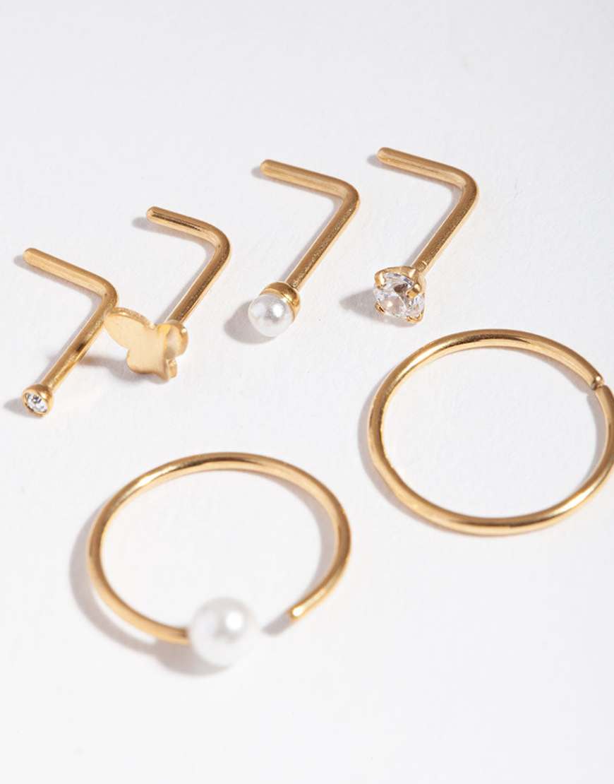 Lovisa - 6er-Pack goldfarbene Nasenpiercings in verschiedenen Designs mit Perlendetail von Lovisa