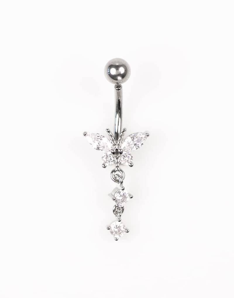 Lovisa - Bauchnabel-Piercing aus Titan in Silberoptik mit Zirkonia-Besatz in Schmetterlingsform und dreifachem Anhänger von Lovisa