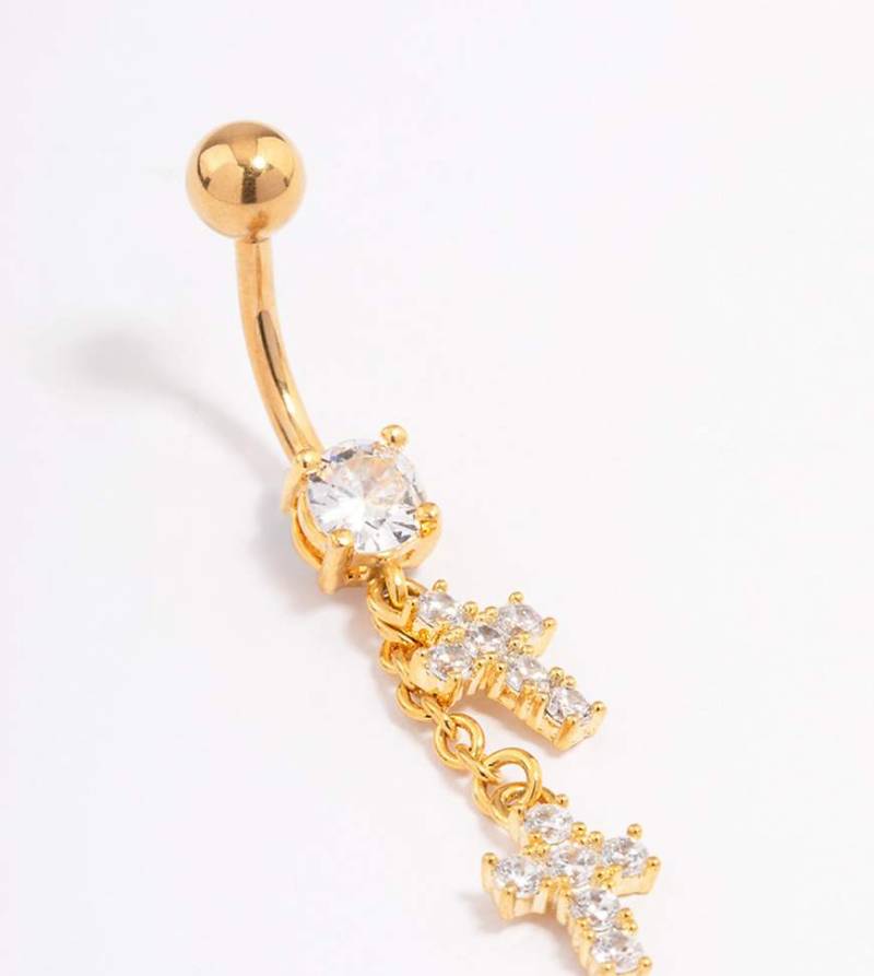 Lovisa - Bauchnabelpiercing aus vergoldetem Chirurgenstahl mit zwei Kreuzanhängern-Goldfarben von Lovisa