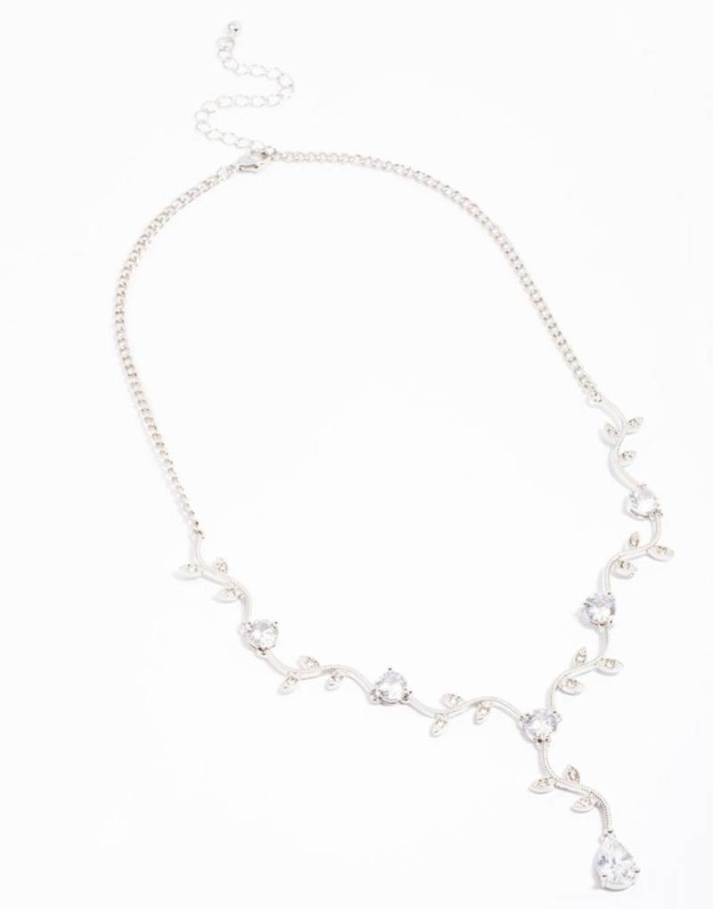 Lovisa - Halskette in Silber mit Zirkonia, Y-Form, floralem Design und Tropfenanhänger von Lovisa