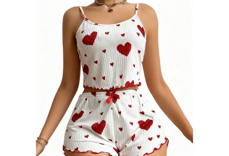 Lovolotti Pyjama Damen Pyjama-Set aus plissiertem Stoff mit Herz-Print Zweiteiliges Homewear Set von Lovolotti