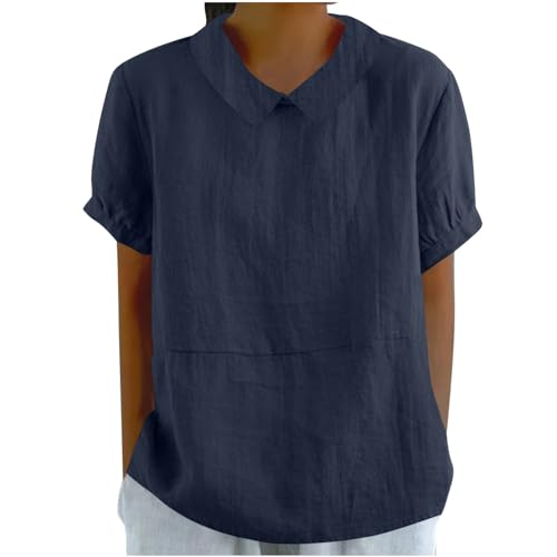 Bluse Damen Neue Bubikragen Leinenbluse Kurzarm Musselin Blusenshirt Sommer Einfarbig Damenbluse Baumwolle Leinen Oberteile Locker Luftig Sommerbluse von Lovraj