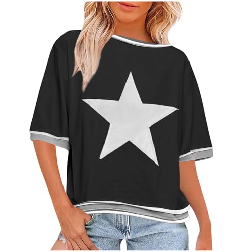 Damen T-Shirt Kurzarm mit Stern Muster – Modisch Sommer Farbblock T-Shirt – Lockere Passform Rundhalsausschnitt Oberteile von Lovraj