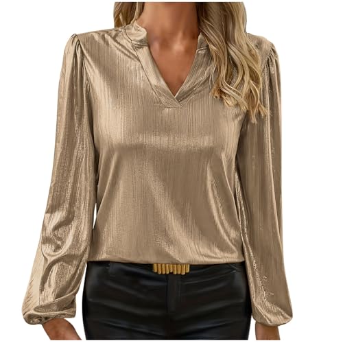 Glitzer Oberteile Damen Elegant Goldenes Langarmshirt Langarm Laternenärmel Pullover Shirt Einfarbig V-Ausschnitt Bluse Festliche Tunika Partywear Modisch Stehkragen Longsleeve Glitzer Top von Lovraj